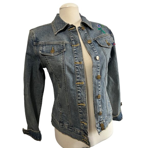 Vintage Yuka Jeans Embroidered Denim Jacket Sz Medium Womens Floral Long Sleeve - Picture 8 of 10